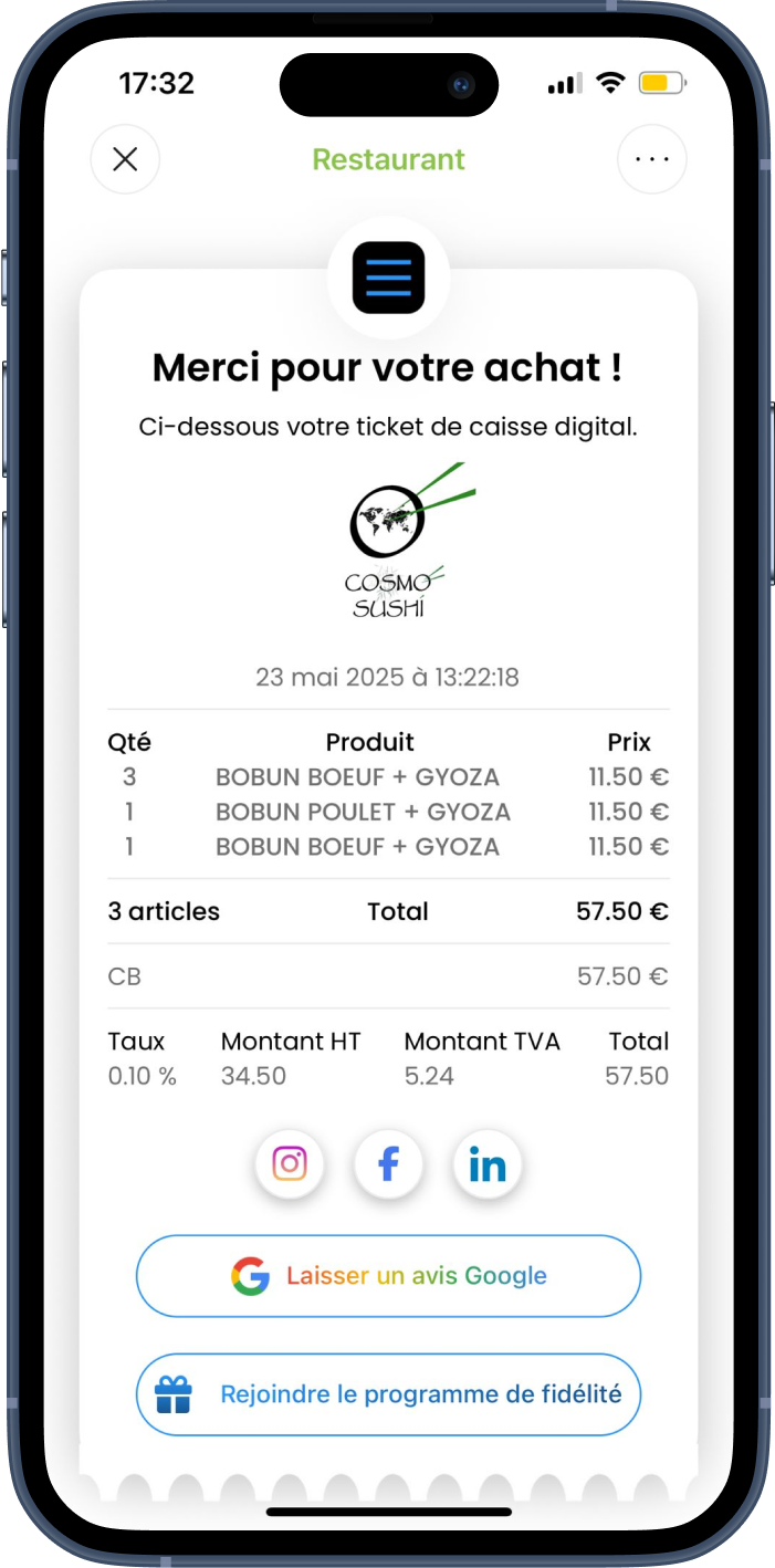 Screenshot of digital receipt with loyalty program button